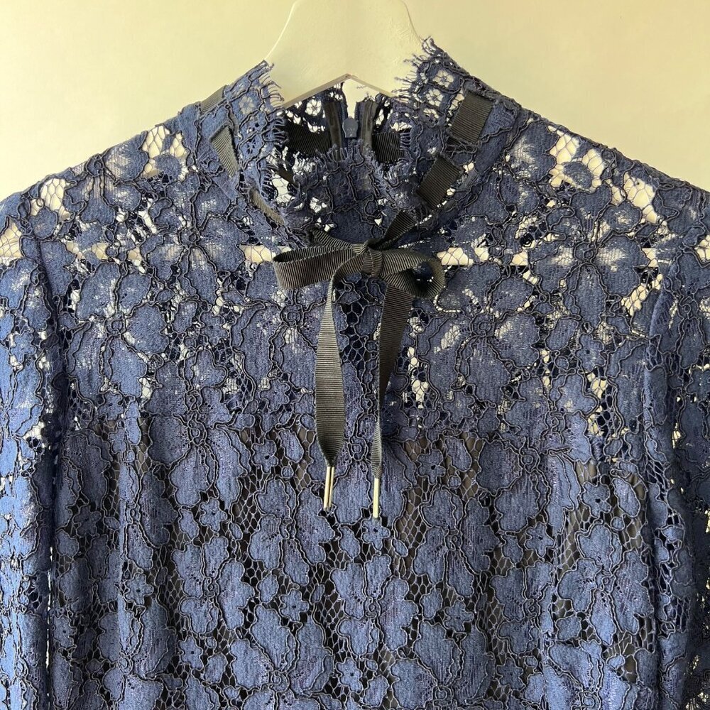 Sandro Paris Mock Neck Scalloped Mini Dress , Navy Lace, Size 2 O43 - Picture 4 of 9